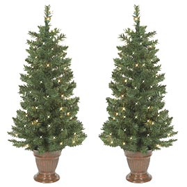 3.5' Antique Copper Potted Spruce Pre-Lit Artificial Christmas Trees - 2 Pack - 50 Clear Bulbs Each - Christmas Rope &amp; Tube Lights