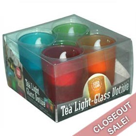 LED Flickering Flame Tea Lights w/ Glass Votive Holder - Multi-Color - 4 Pack - Battery Operated LED Candles