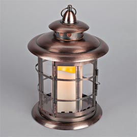 LED Metal &amp; Resin Battery Operated Flameless Candle Lantern w/ Timer - Indoor/Outdoor - Copper Round Lantern - Battery Powered Candle Lanterns