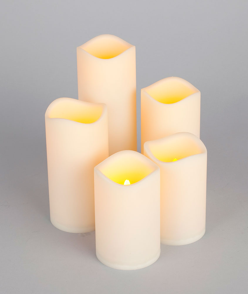 LED Battery Operated Flickering Flame Round Pillar Candle Set w/ Timer