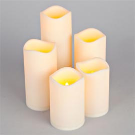 LED Battery Operated Flickering Flame Round Pillar Candle Set w/ Timer - Indoor/Outdoor - Resin - 5 Pack - Bisque Candle - Battery Operated LED Candles