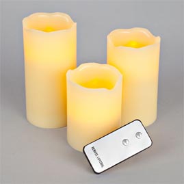 LED Remote Controlled Battery Operated Flickering Flame Round Pillar Candle Set - Real Wax - 3 Pack - Ivory Candle