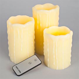 LED Remote Controlled Battery Operated Flickering Flame Round Pillar Candle Set - Real Wax w/ Drip - 3 Pack - Ivory Candle