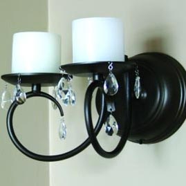 Black Double Metal Wall Sconce w/ Crystal Teardrops Battery Operated Flameless Candle Holder - Battery Operated Flicker Candles
