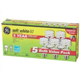 GE Energy Smart Compact Fluorescent (CFL) Spiral Light Bulbs - Soft White - 60 Watt - 5 Pack - Energy Saving Light Bulbs