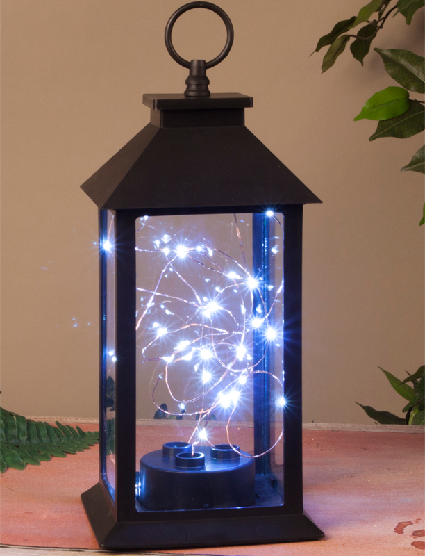 Black Plastic Lantern w/ LED Cool White String Lights - 11