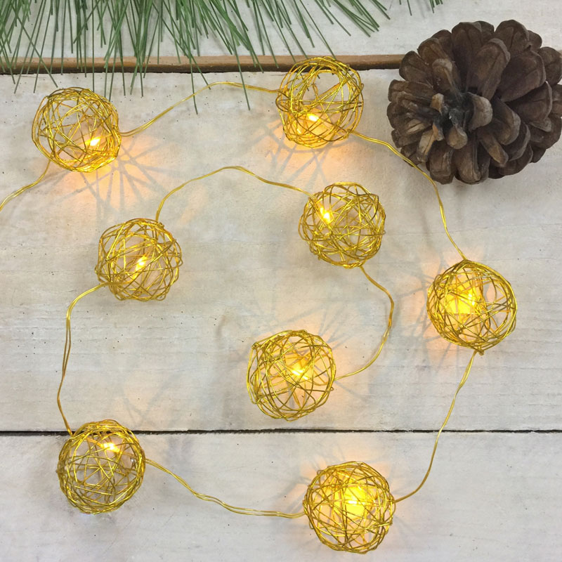 Warm White LED Gold Wire Sphere String Lights Battery Operated