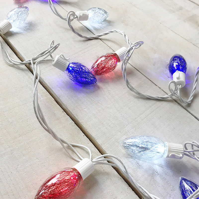 Red White & Blue Tinsel C9 LED String Lights
