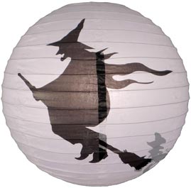 Flying Witch Paper Shade Lantern - 16" Dia. - White/Black - Patterned Round Paper Shade Lanterns