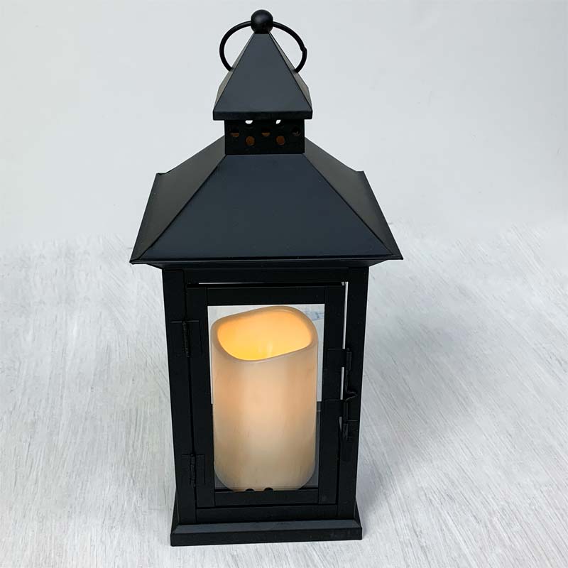 Battery Operated Fire Flame Black Flameless Lantern - 5 Hour Timer