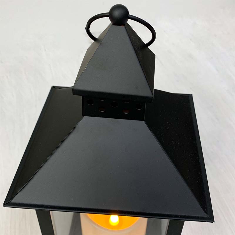 Battery-Operated 14 Black Window Metal Lantern with LED Candle