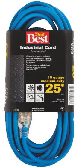 25' Cold Temperature Extension Power Cord - 16/3 - Blue