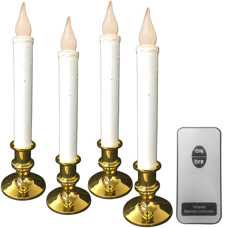 Battery Operated LED Candlesticks w/ Remote - Gold Base - 4 Pack