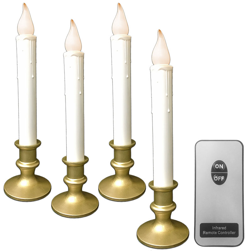 Battery Operated LED Candlesticks w/ Remote - Pewter Base - 4 Pack