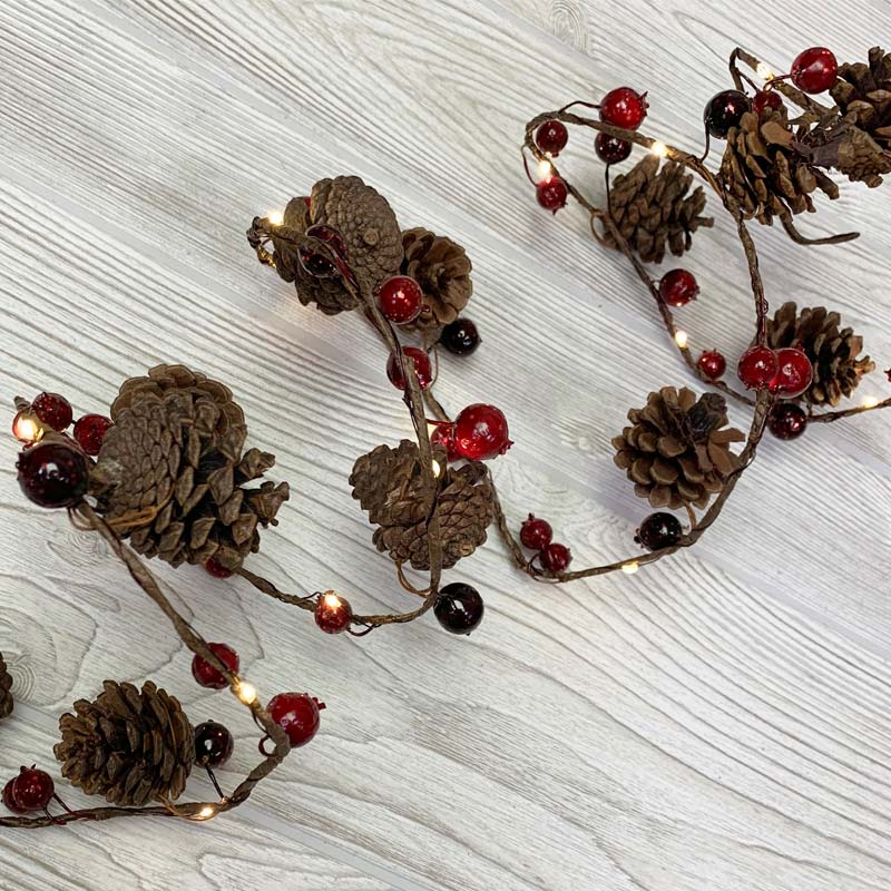 pinecone amp red berry led light strand berry garland with lights