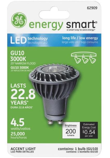 GE Lighting 62909 Energy Smart LED 4.5 Watt 20 watt Replacement 200 Lumen MR16 Floodlight Bulb with GU10 Base 1 Pack