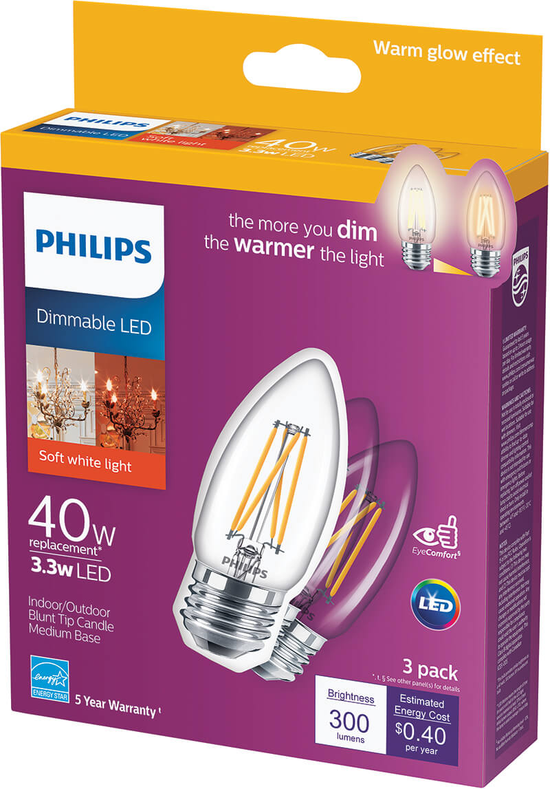 Philips Warm Glow 40W Equivalent Soft White B11 Medium Dimmable LED Decorative Light Bulb (3-Pack) 540152