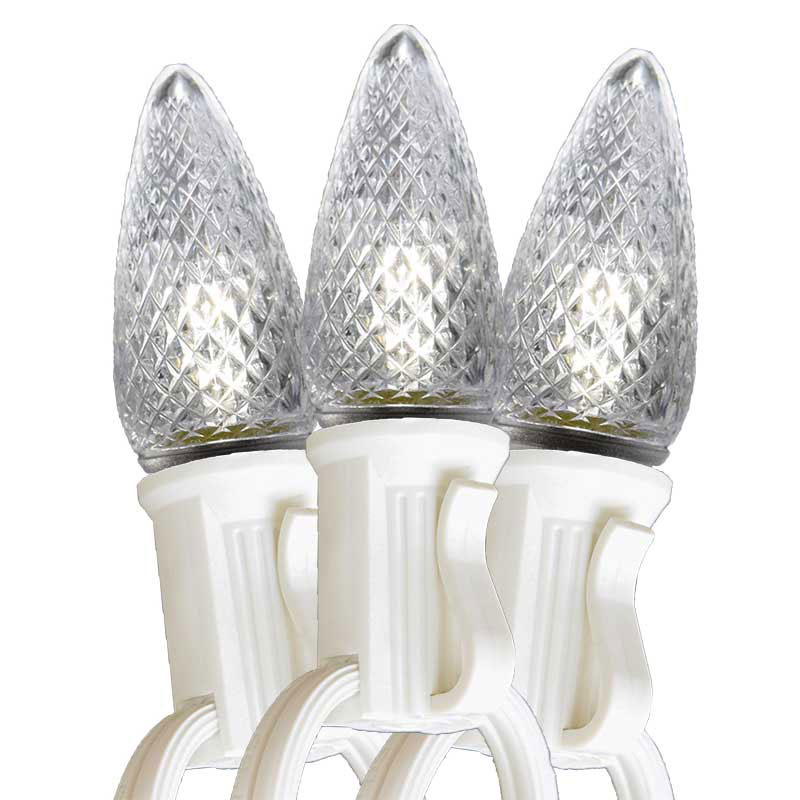 100' Commercial C7 White Light Strand - Pure White Faceted LED Bulbs