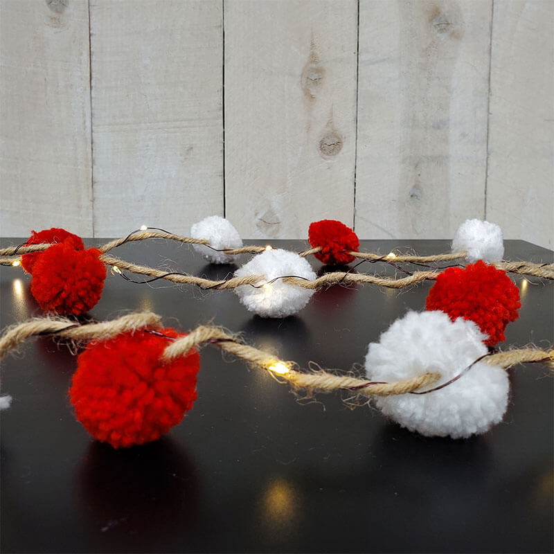 White, Red & Green Pom Poms with Gold Tinsel Wired String
