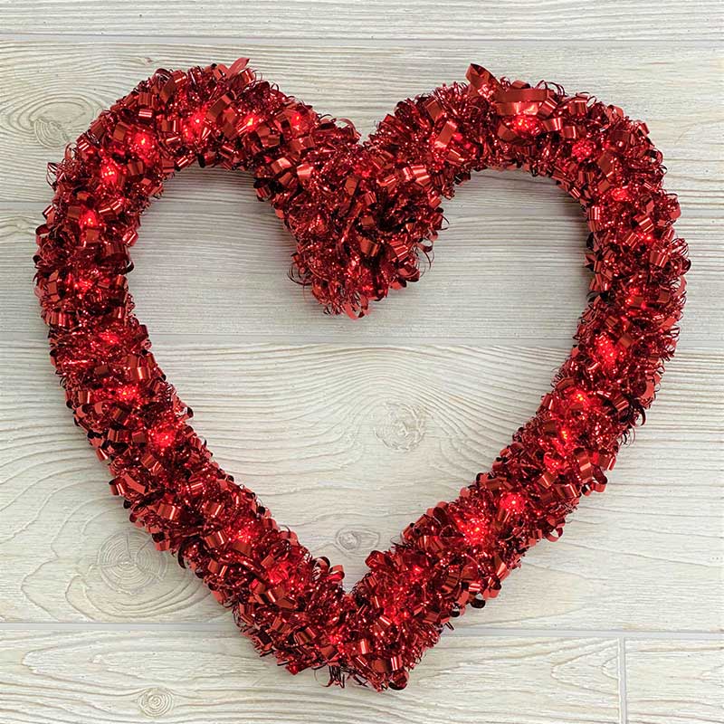 Red Curly Tinsel Heart Wreath w/ Micro Lights 13" x 13"