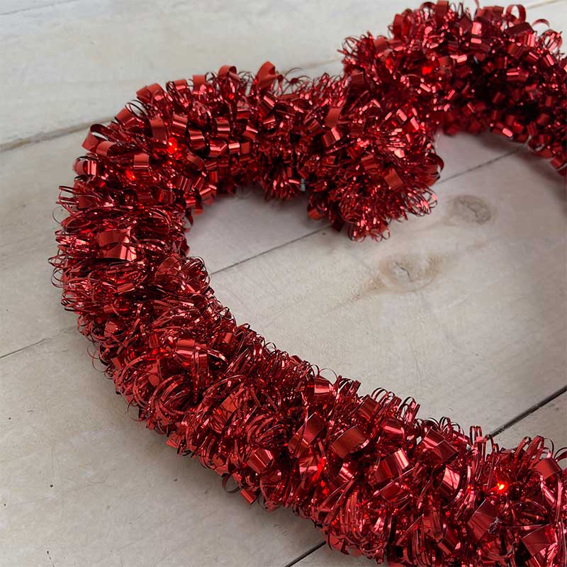 Red Curly Tinsel Heart Wreath w/ Micro Lights 13" x 13"