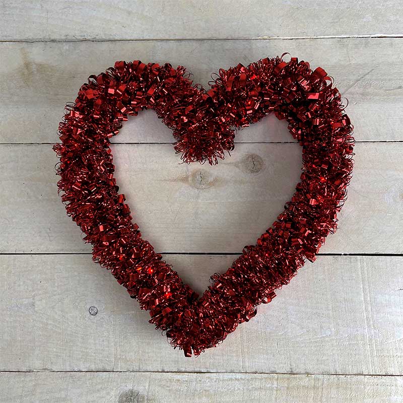 Red Curly Tinsel Heart Wreath w/ Micro Lights 13" x 13"