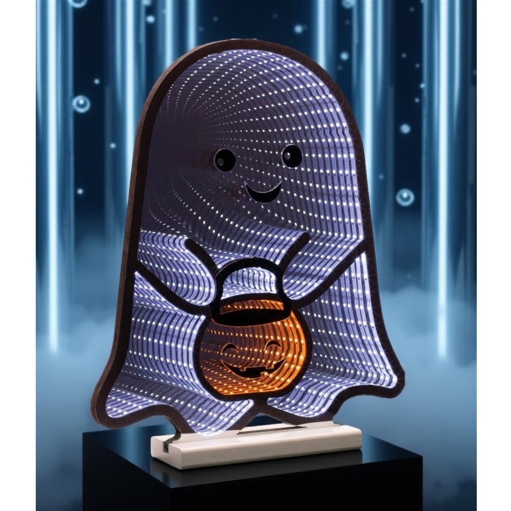 EKKOLIGHT® Ghost with Candy Bucket LED Infinity Light Display with UL Plug - 16" Halloween Acrylic Decoration 53557DS