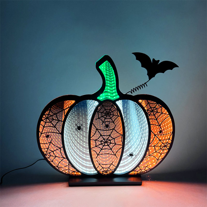12" Spooky Pumpkin LED Infinity Light – Cobwebs & Bat – Double-Sided Halloween Decoration GC2793100