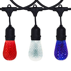 100' Suspended Patio String Light Kit with Red, Blue & Pure White Faceted S14 LED Bulbs – 50 Lights, Commercial Black Strand LSM-S-100-BLK-FRPWB