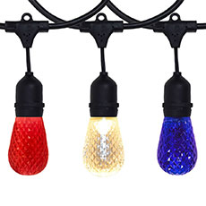 100' Suspended Patio String Light Kit with Red, Blue & Warm White Faceted S14 LED Bulbs – 50 Lights, Commercial Black Strand LSM-S-100-BLK-FRWWB