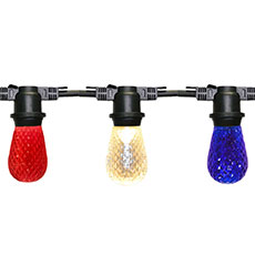 48' Patio String Light Kit with Red, Blue & Warm White Faceted S14 LED Bulbs – 24 Lights, Commercial Black Strand LSM-48-BLK-FRWWB